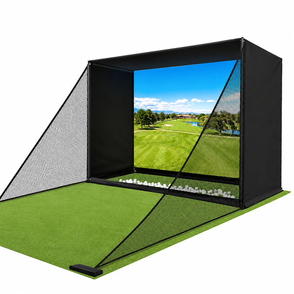 Golf Simulator Enclosure Net 10X8Ft Golf Practice Simulator with HD Impact Screen Kit & Sturdy EPE Foam-Filled Frame Golfs Cage Net with Safety Side Nets for Home Indoor Setup