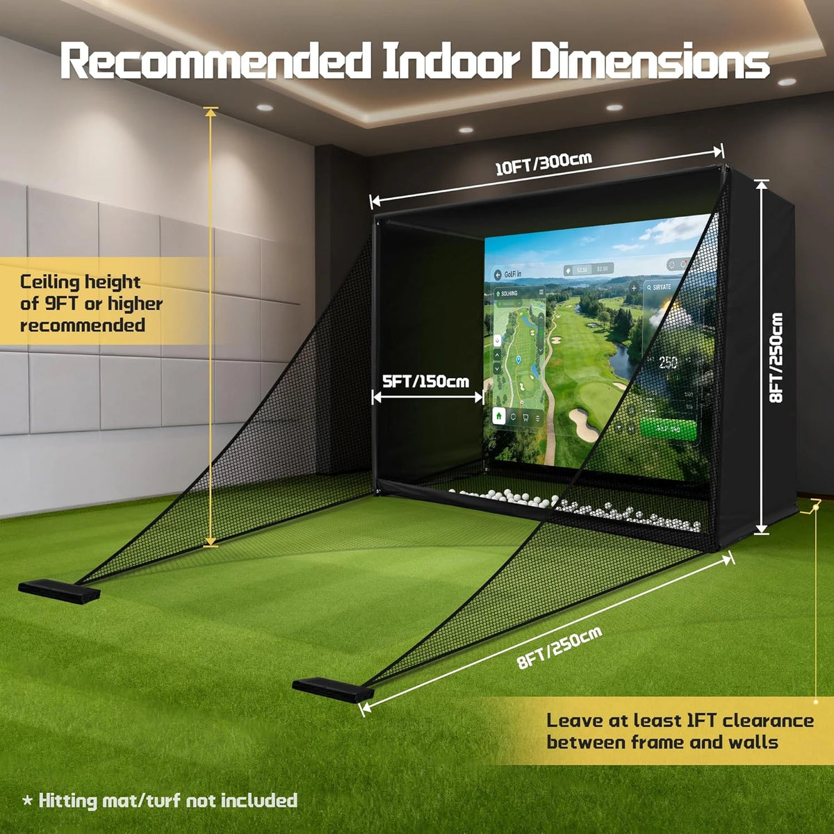 Golf Simulator Enclosure Net 10X8Ft Golf Practice Simulator with HD Impact Screen Kit & Sturdy EPE Foam-Filled Frame Golfs Cage Net with Safety Side Nets for Home Indoor Setup — product view 3