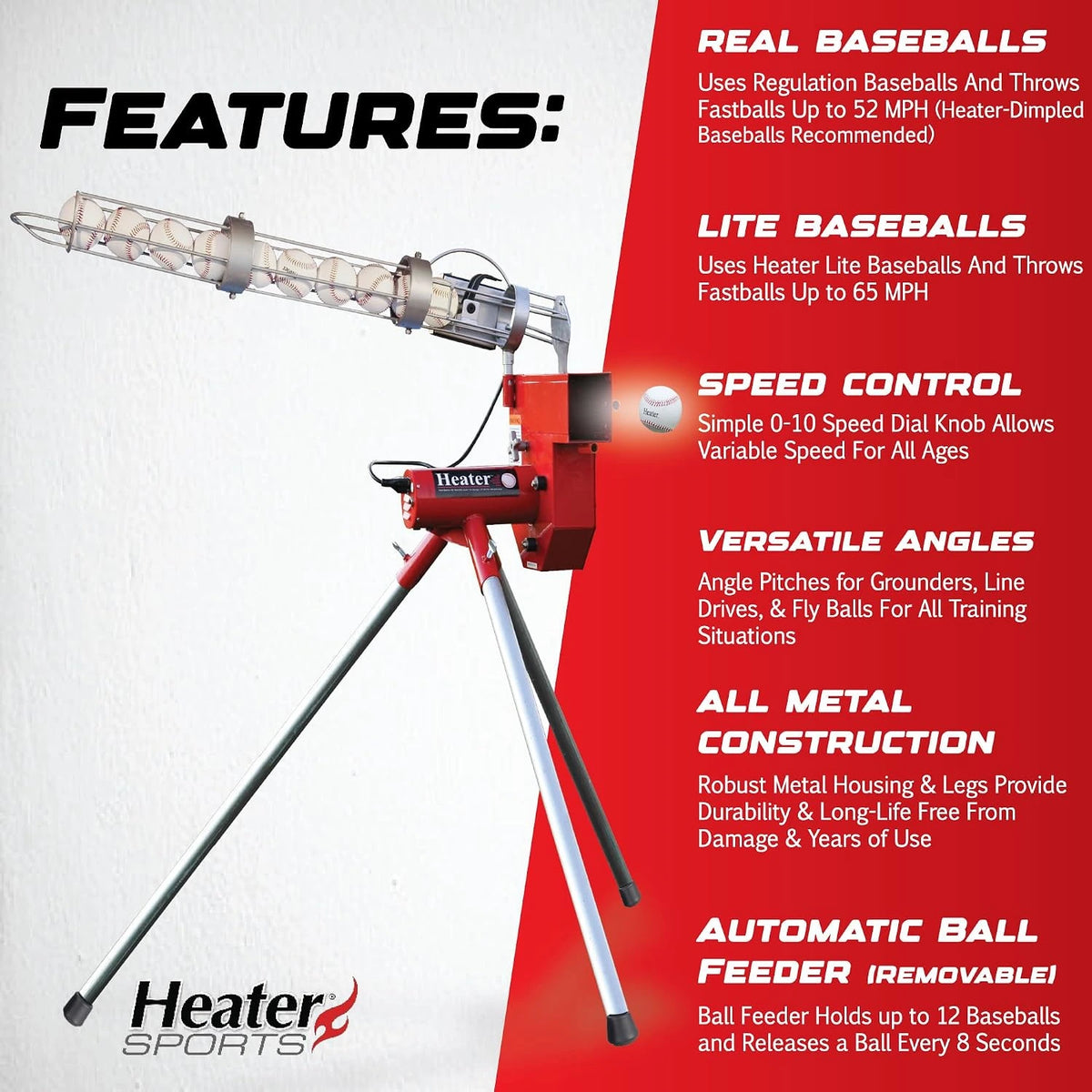 Sports Heavy-Duty Baseball Pitching Machine W/Bonus Ball Feeder - Accurate & Adjustable Pitching Machine for Kids, Teens, and Adults | Ideal for Baseball Training and Practice Sessions — product view 2